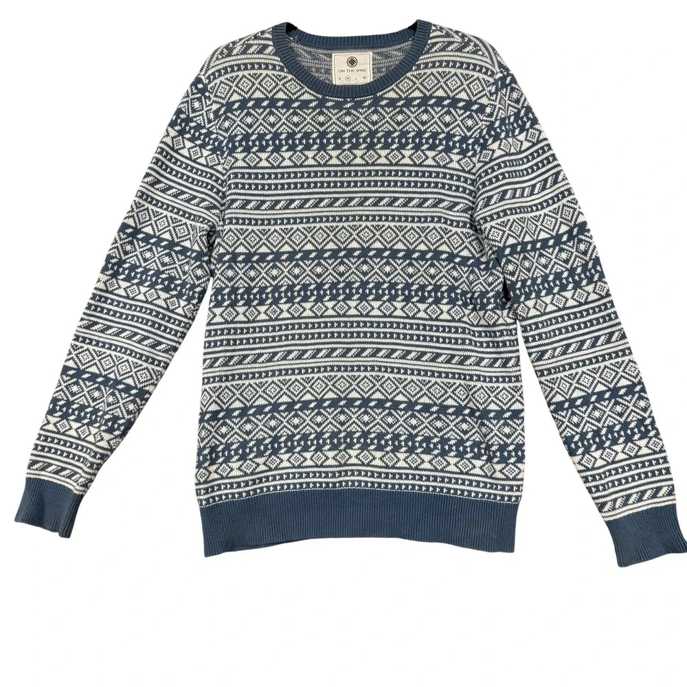On The Byas Sweater Mens Medium Blue‎ Fair Isle Knit Cotton Crewneck Pullover